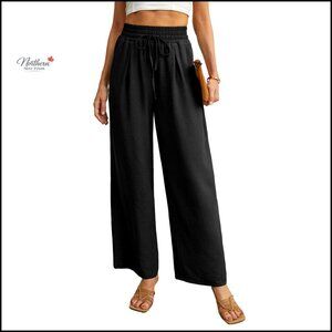 Wide Leg Casual Pants with Pockets Lightweight High Waist Adjustable